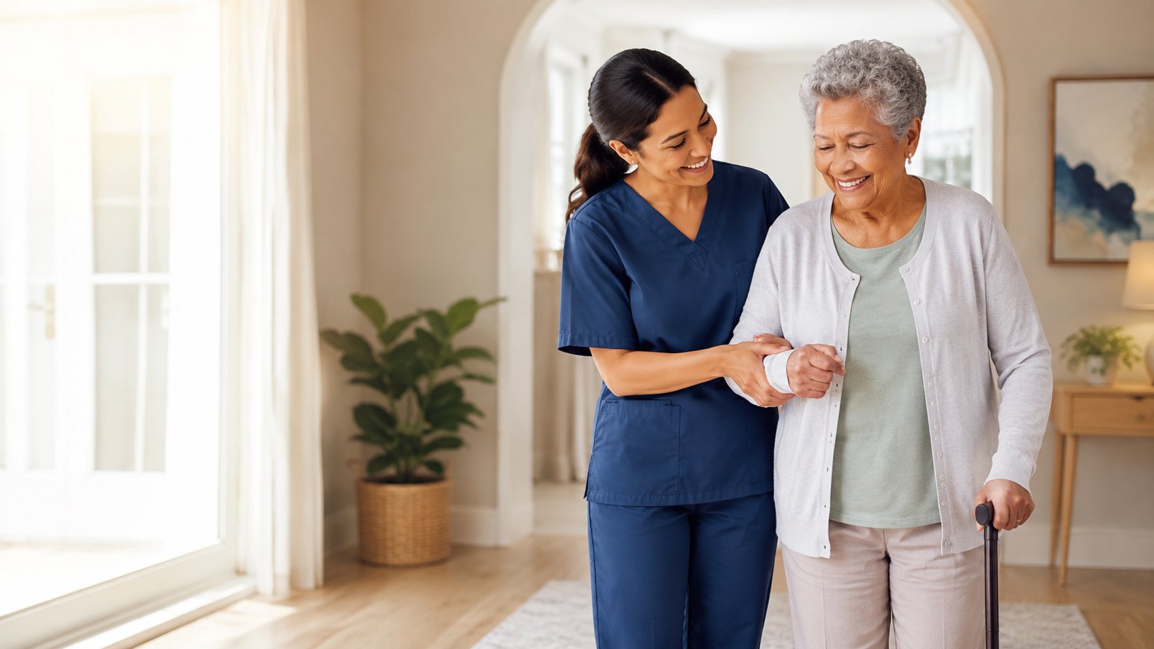 Caregiver assisting an elderly woman in a bright home setting