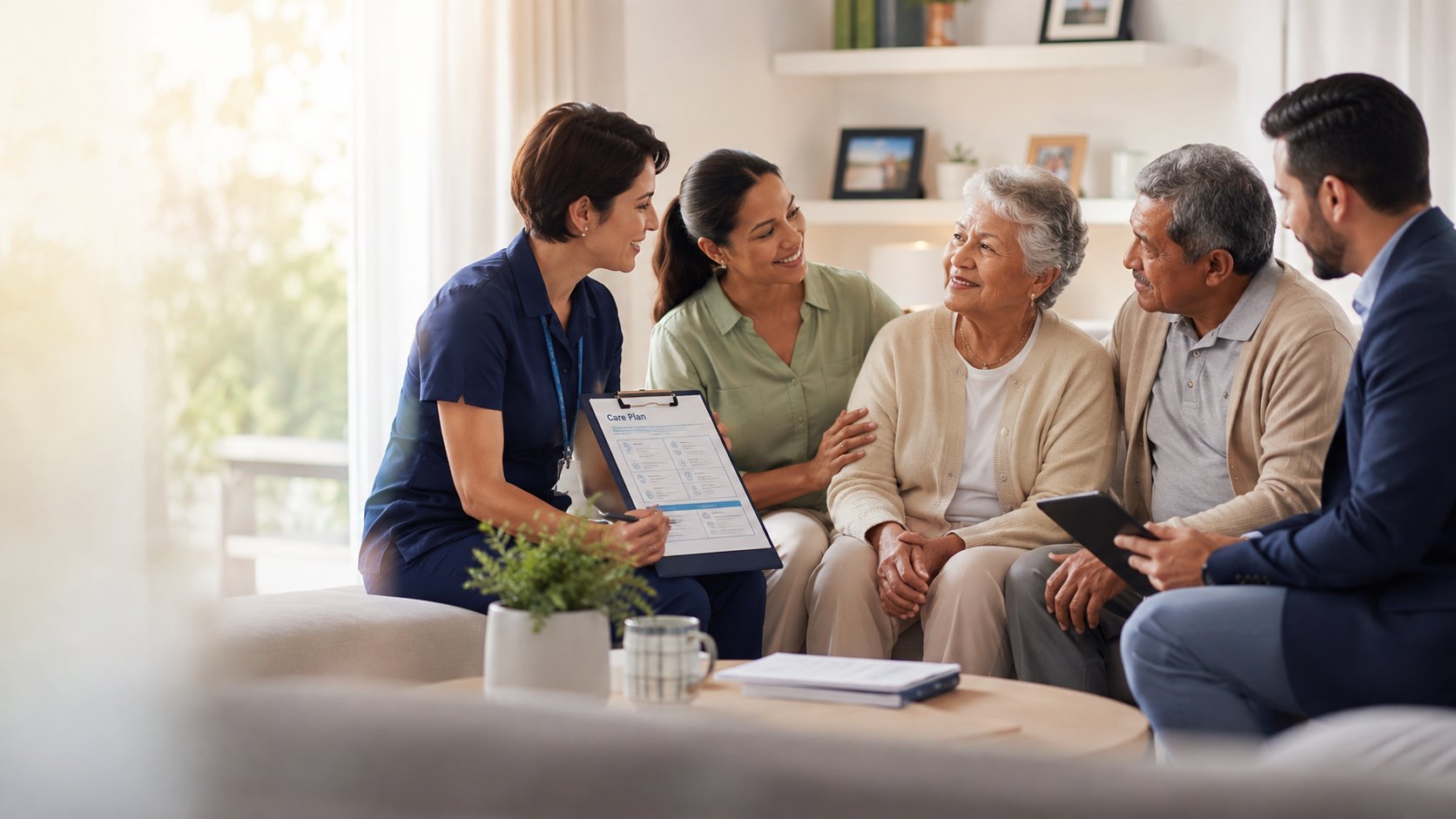 Family discussing an elderly care plan with care coordinators