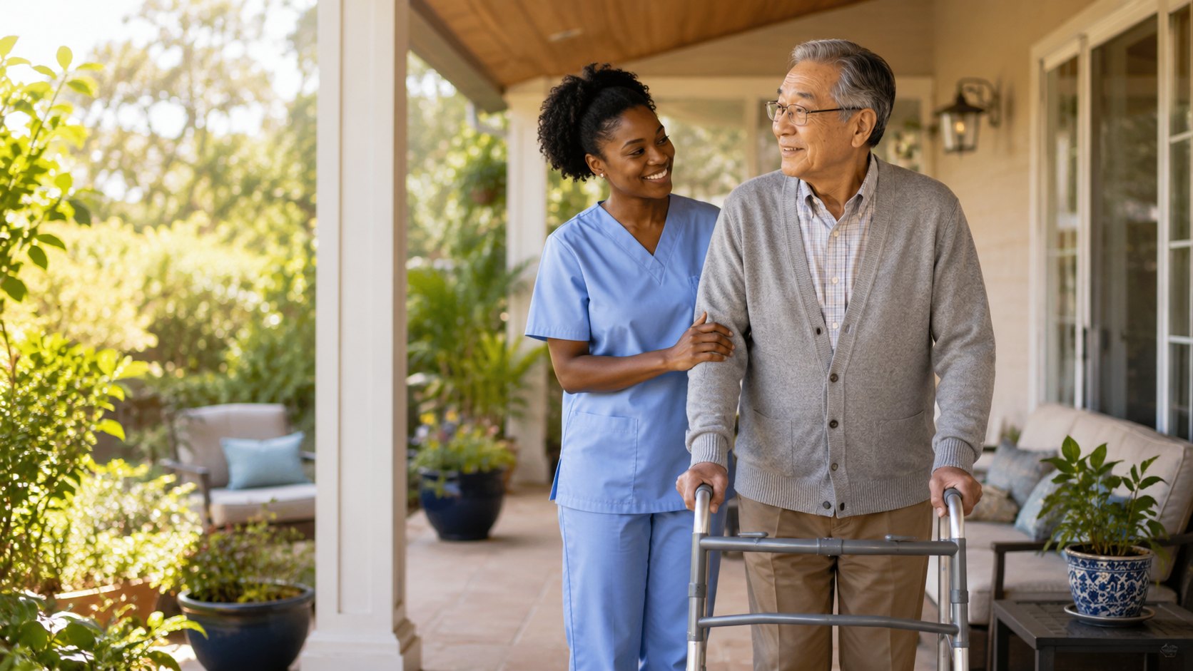 Caregiver assisting an elderly man with a walker on a sunny porch